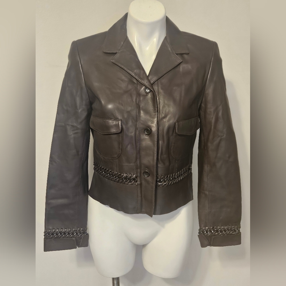 Carlisle brown leather jacket with distinctive whipstitch and chain details